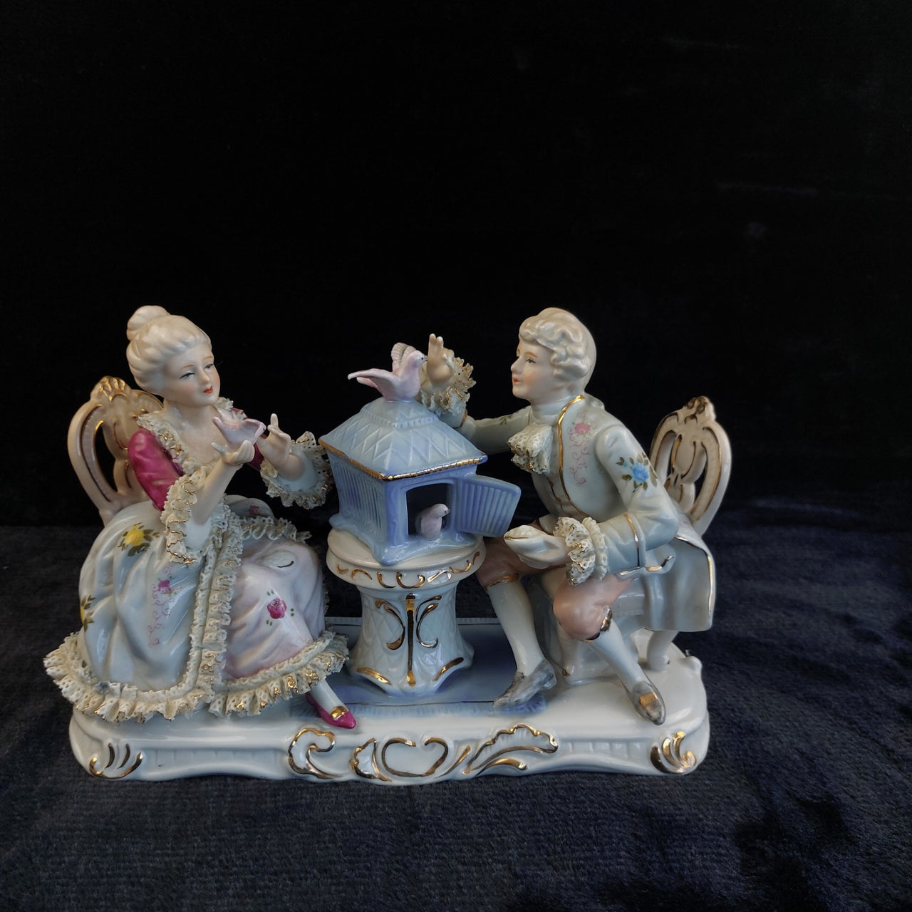 Dresden Style Porcelain Couple with Birds cage –Worn Lace & Tip Damage Gilt 9in1
