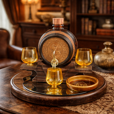 Vintage Amber Glass Barrel Decanter Set w/ Tap, 3 Glasses, Tray, Wood Stand 1.6k0