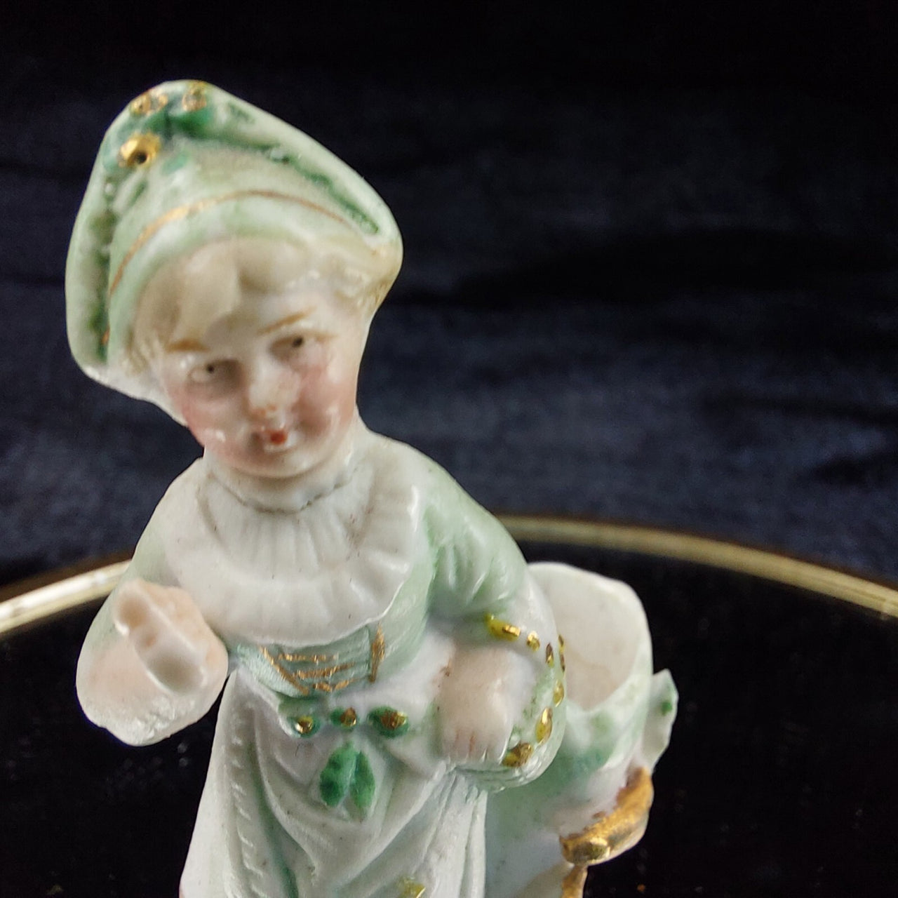 Antique Porcelain German Figurine Child w/ Boot Vase Green Gold Accents 2.5”3