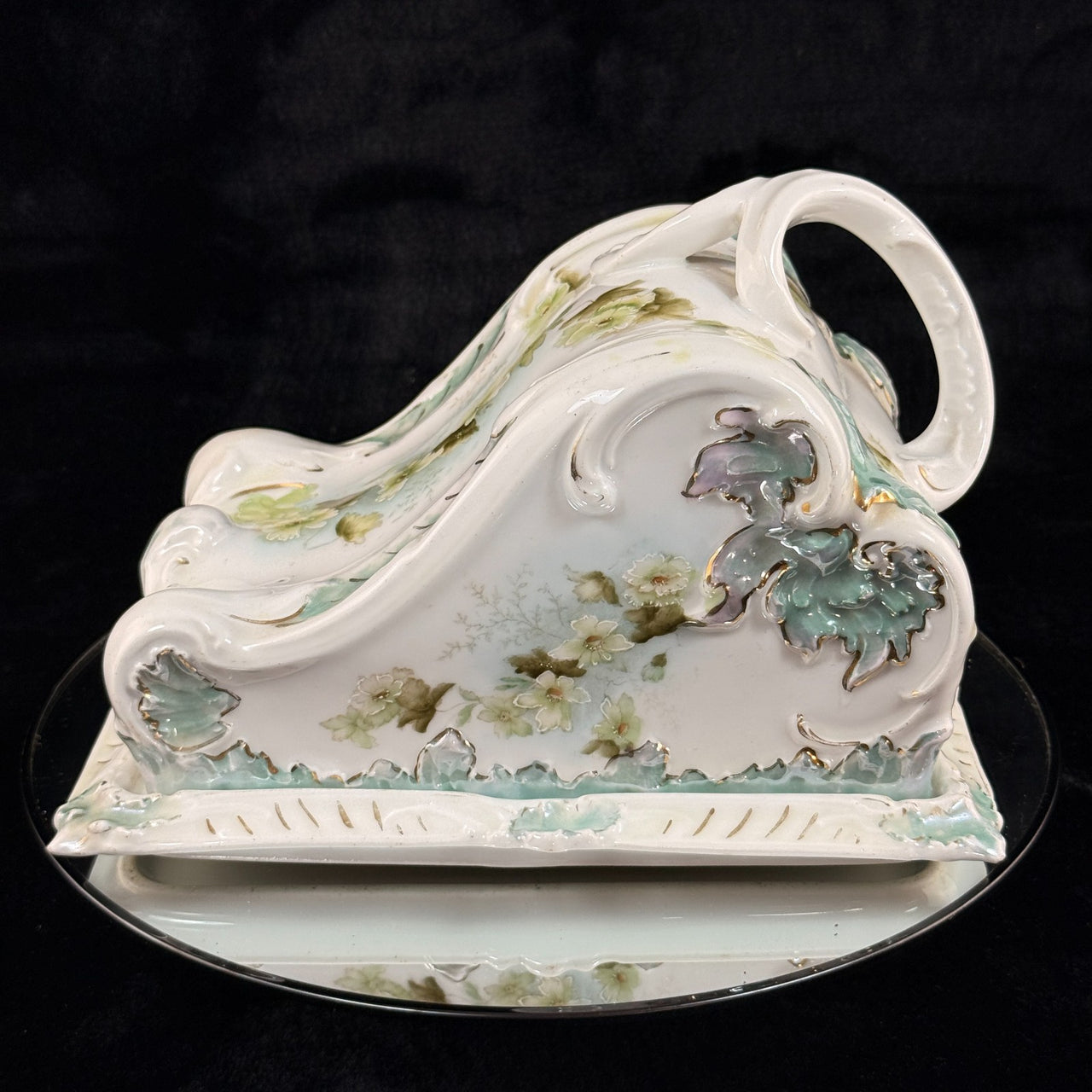 Antique Porcelain butter dish Tureen Art Nouveau Floral Green Gilt Handle 9"x8"0