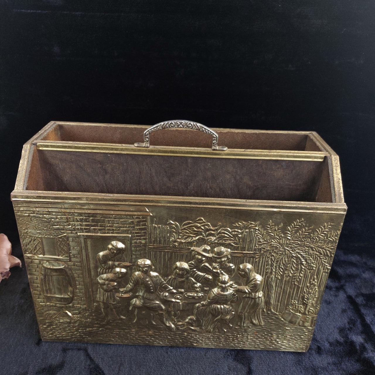 Gold Brass Magazine Rack Tavern Scene Handle Wood Back  Vintage  14