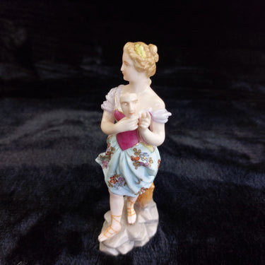 Antique German Porcelain Lady Figurine Holding Mask Flowered Dress1