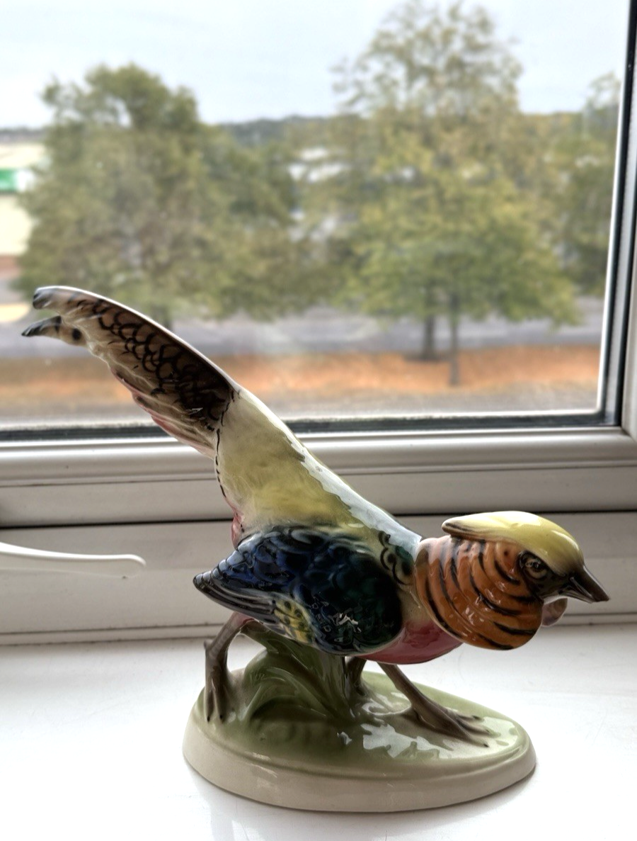 Rare Art Deco Keramos Wien Porcelain Golden Pheasant Figurine - Made in Austria8
