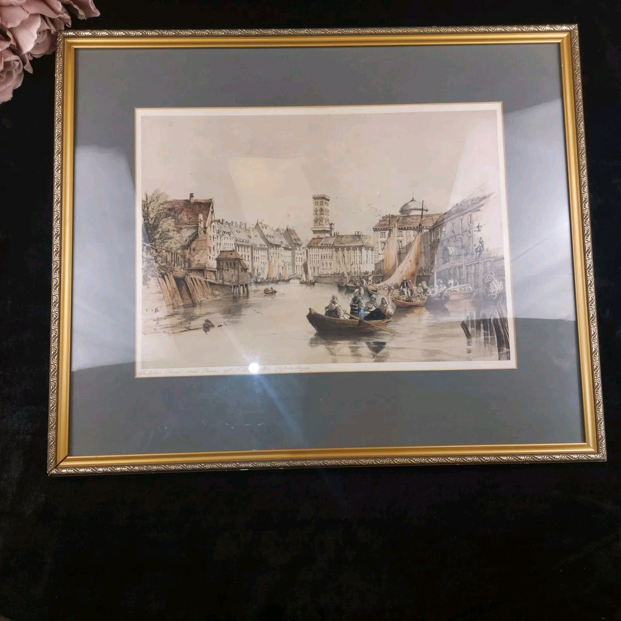 Lithograph Copenhagen Holmens Canal and Tower of St. Nicholas, from 1800's.2