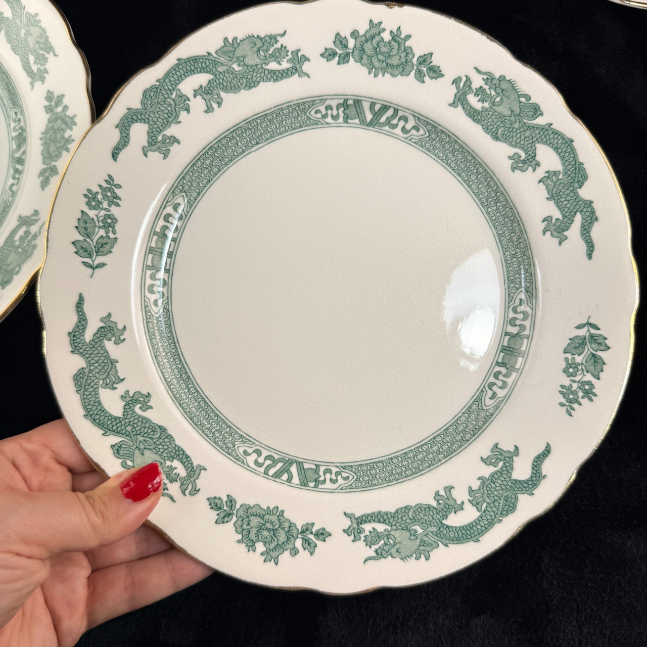 Royal Cauldon Antique Green Dragon Plates x6 England Ironstone c.1900s. 10.5" 11