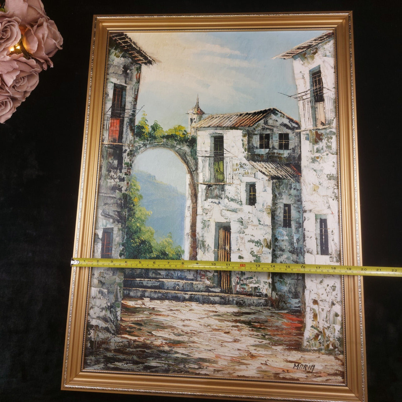 Vintage Framed Oil Painting Signed by Maria European Village Scene Gold Frame9
