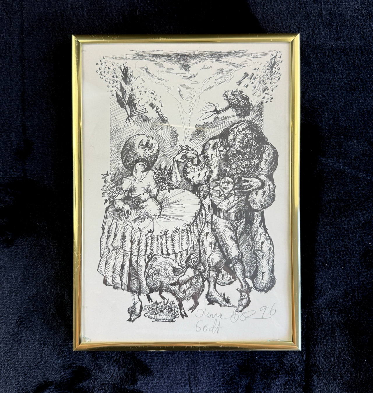 Original Signed & Dated Pen & Ink Drawing Framed Lions & Goats Folk Art Picture0