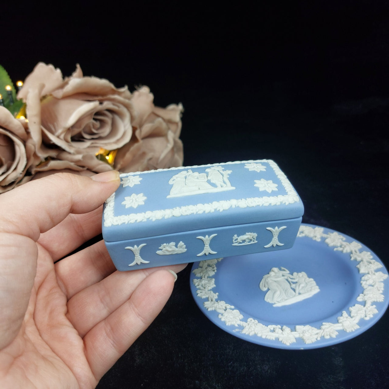 Wedgwood Blue Jasperware - Trinket Box & Plate Set Rectangular Pottery/ Ceramic16