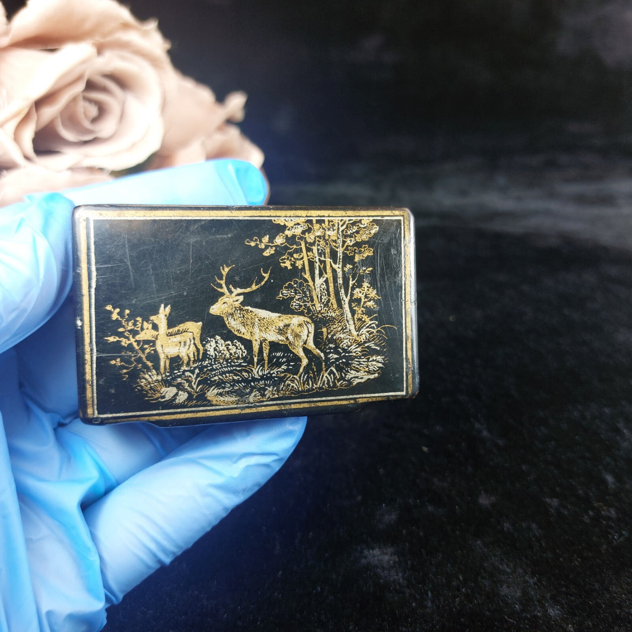 Black Lacquer Snuff Box Vintage – Gold Gilded Deer Scene,Russian  or  Japanese11