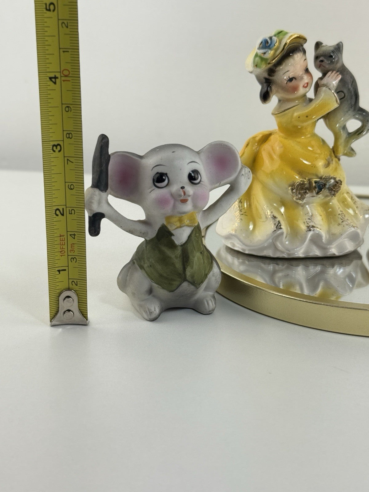 Vintage Korea Figurines Girl with Cat & Mice Set Hand Painted Ceramic 1950s7