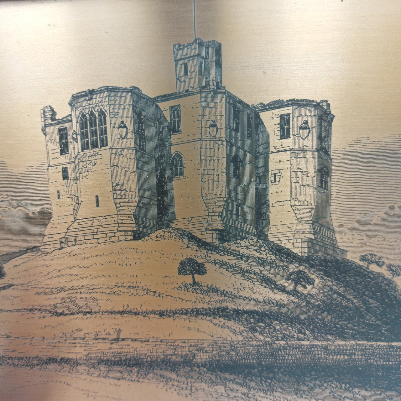Rare Framed Copper Etching Warkworth Castle NorthEast View  Artwork  24x17.5 cm0