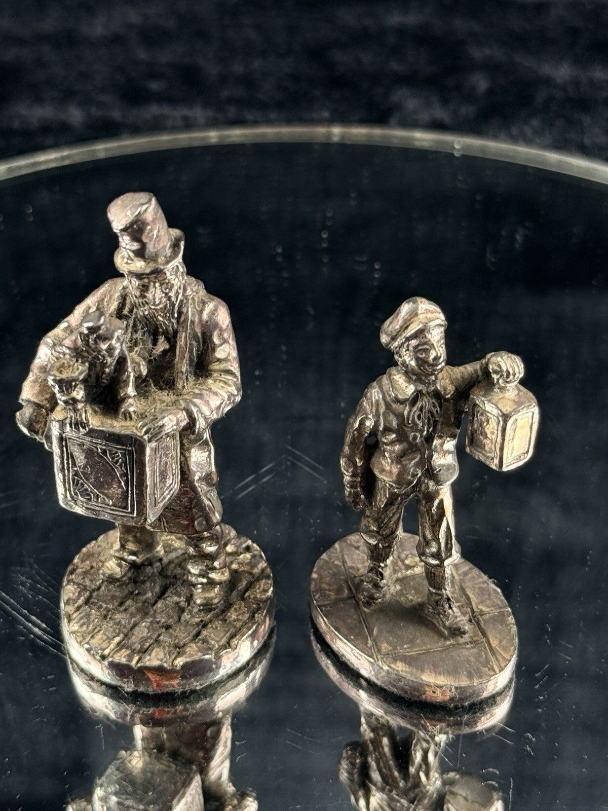 Vintage Metal Street Vendor Figurines Set Victorian Man Boy Lantern 3in2