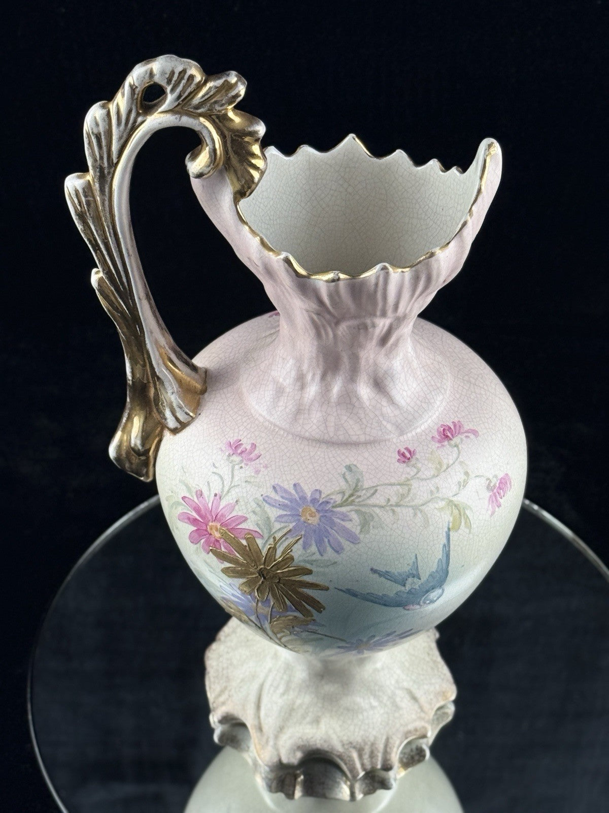 Victorian Style Floral Pitcher Vase Pink Gold Handle Bird Flowers 13" Ceramic8