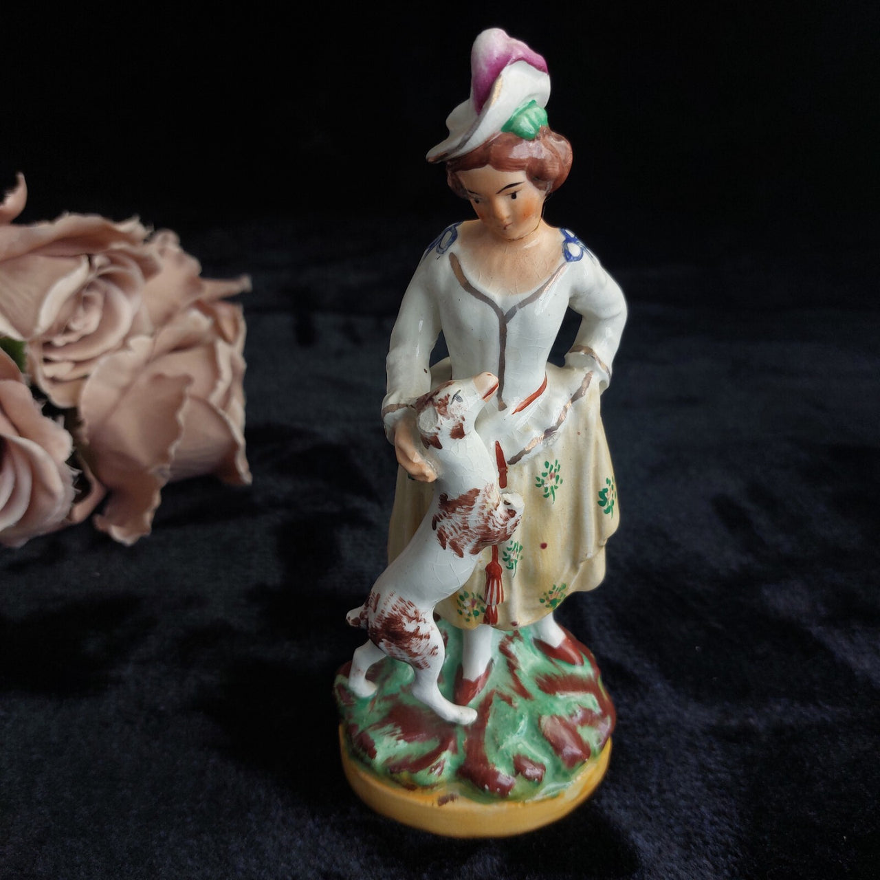 Staffordshire Figurine Dog Lady Yellow Skirt stamp England repaired head 7.5"0