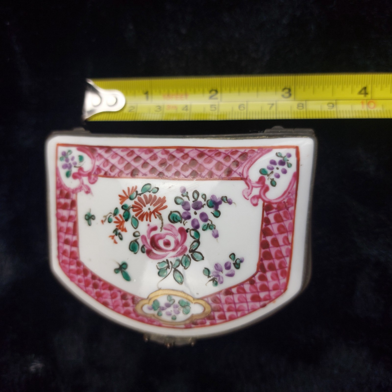 Chinese Porcelain Trinket Jewelry Box Floral Pink Lattice 3" Metal Hinged Lid10