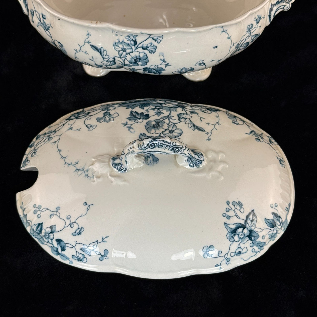 S.H. & Sons 'Ruby' Blue Transferware Tureen Lidded Floral Dish England 11” Large8
