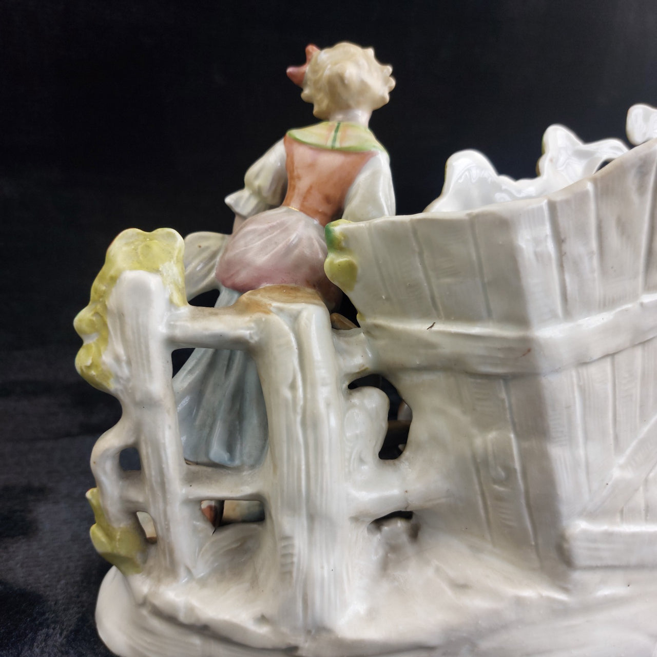 German Antique Porcelain Girl Oxen Cart Planter – Hand Painted 7"x10" 1261g10