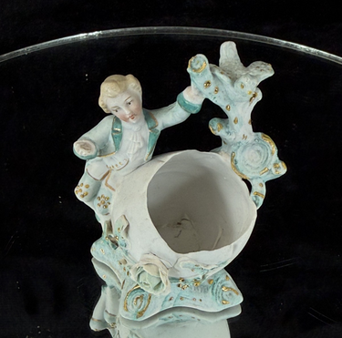 Antique 19th century German Porcelain Figurine Planter/Vase: Boy with Bird Gilt0