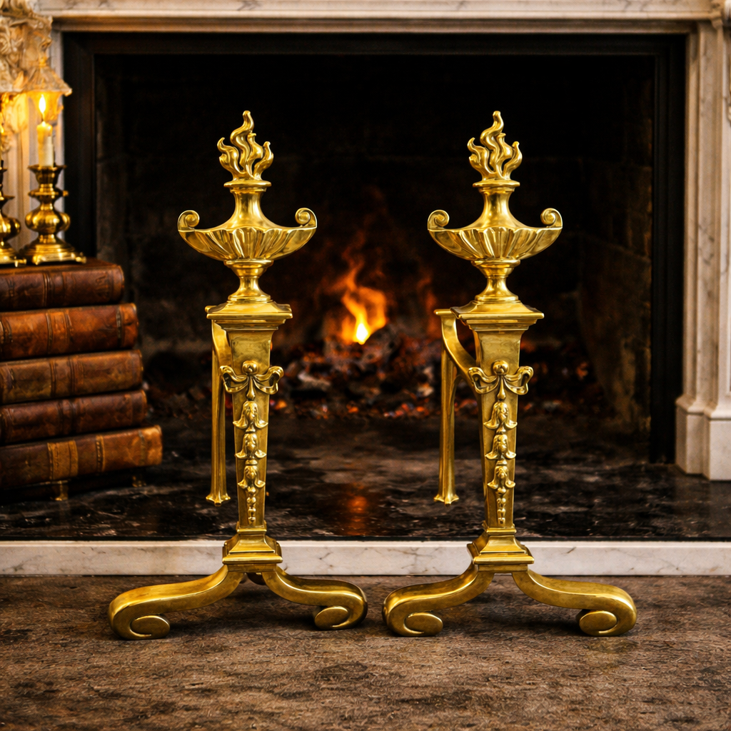 Antique Brass Fireplace Firedogs Andirons Pair - Georgian Neoclassical Style0