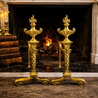 Thumbnail for Antique Brass Fireplace Firedogs Andirons Pair - Georgian Neoclassical Style0
