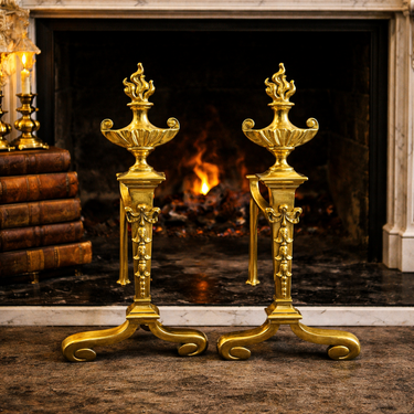 Antique Brass Fireplace Firedogs Andirons Pair - Georgian Neoclassical Style0