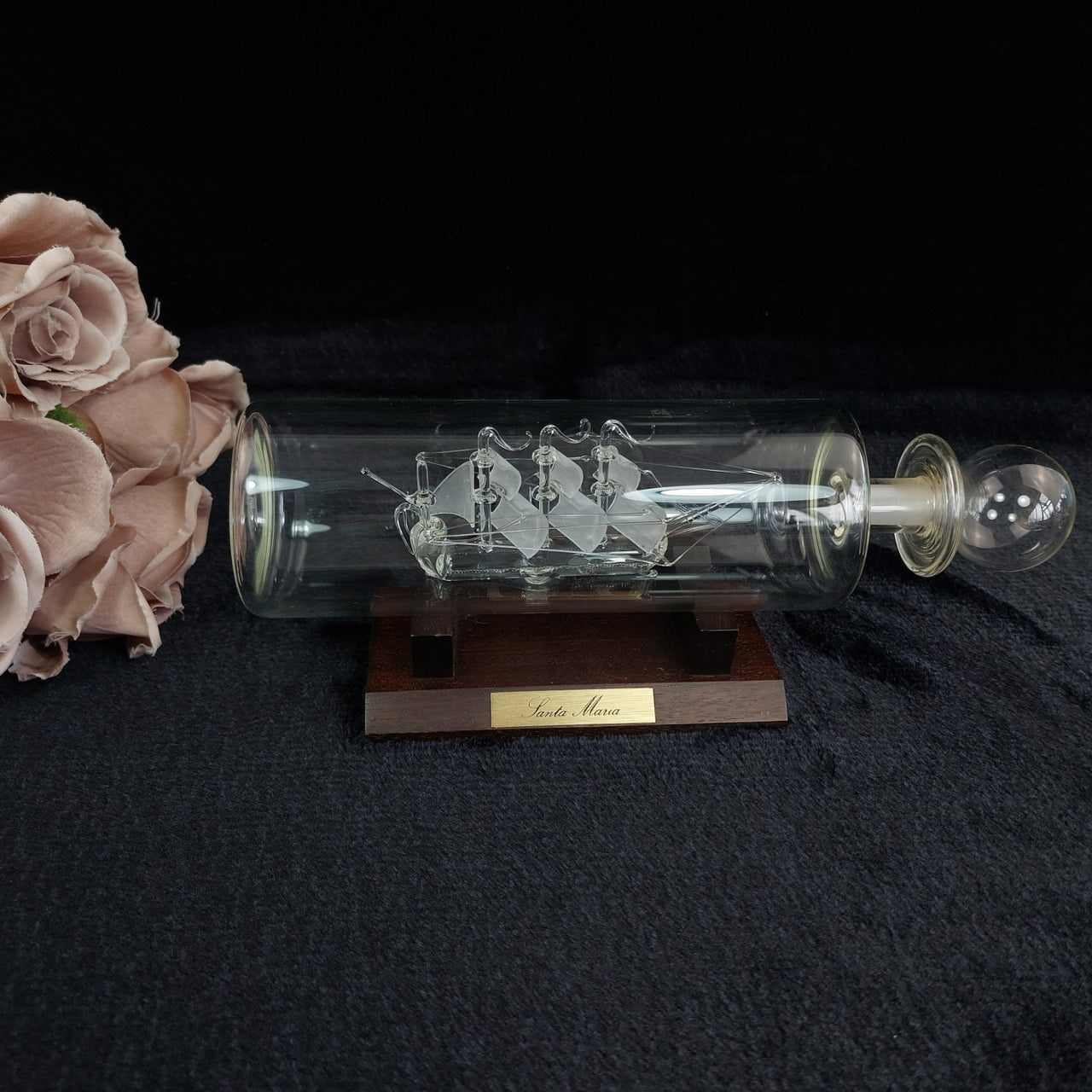 Santa Glass Maria Ship In Bottle On Wooden Stand Frosted Sails Nautical Handmade0