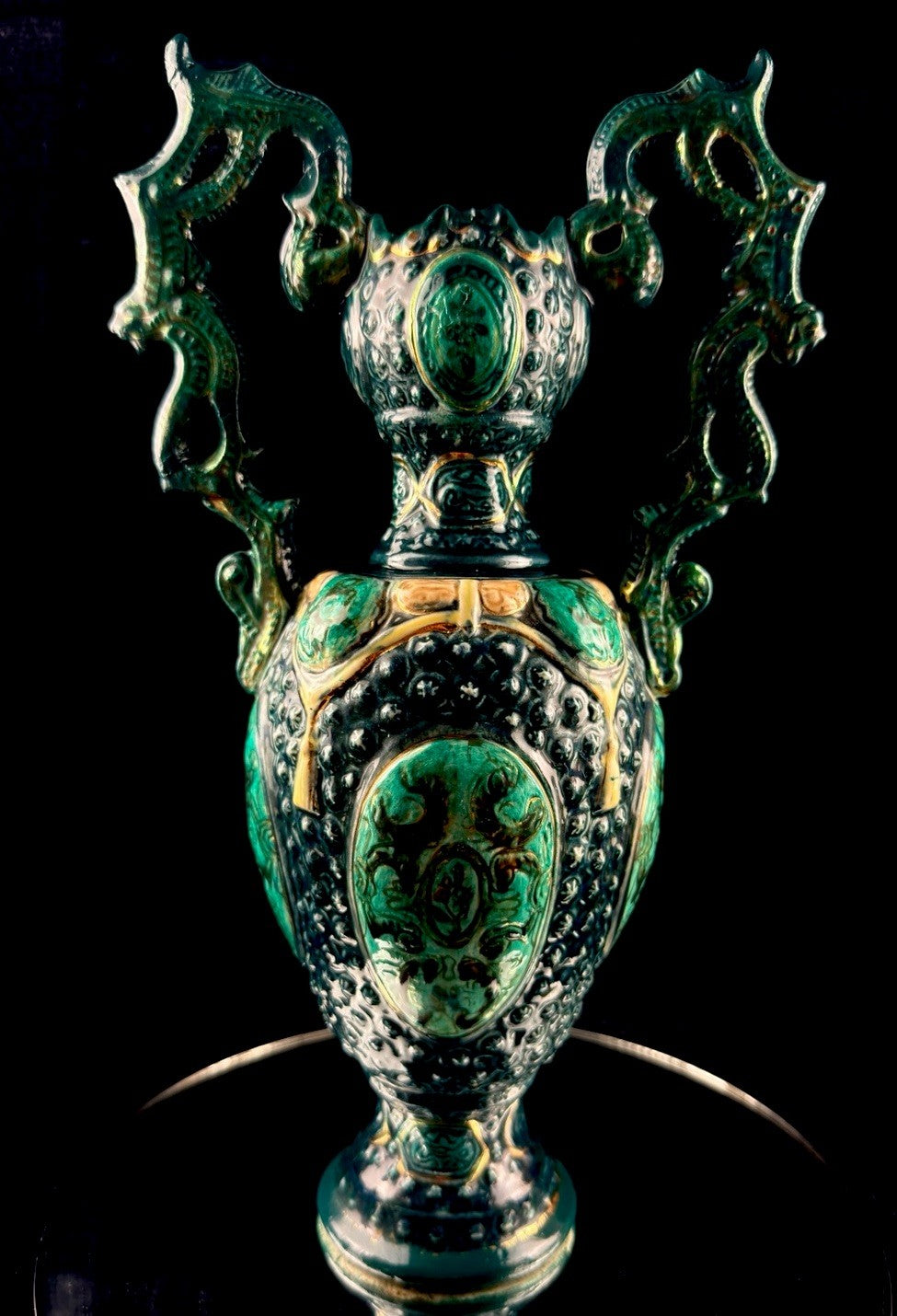 Romano Majolica Style Ornate Green Vase Glazed Ceramic 15” Antique Vase2