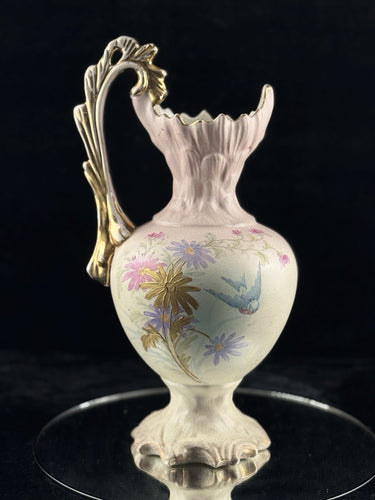 Victorian Style Floral Pitcher Vase Pink Gold Handle Bird Flowers 13” Ceramic0