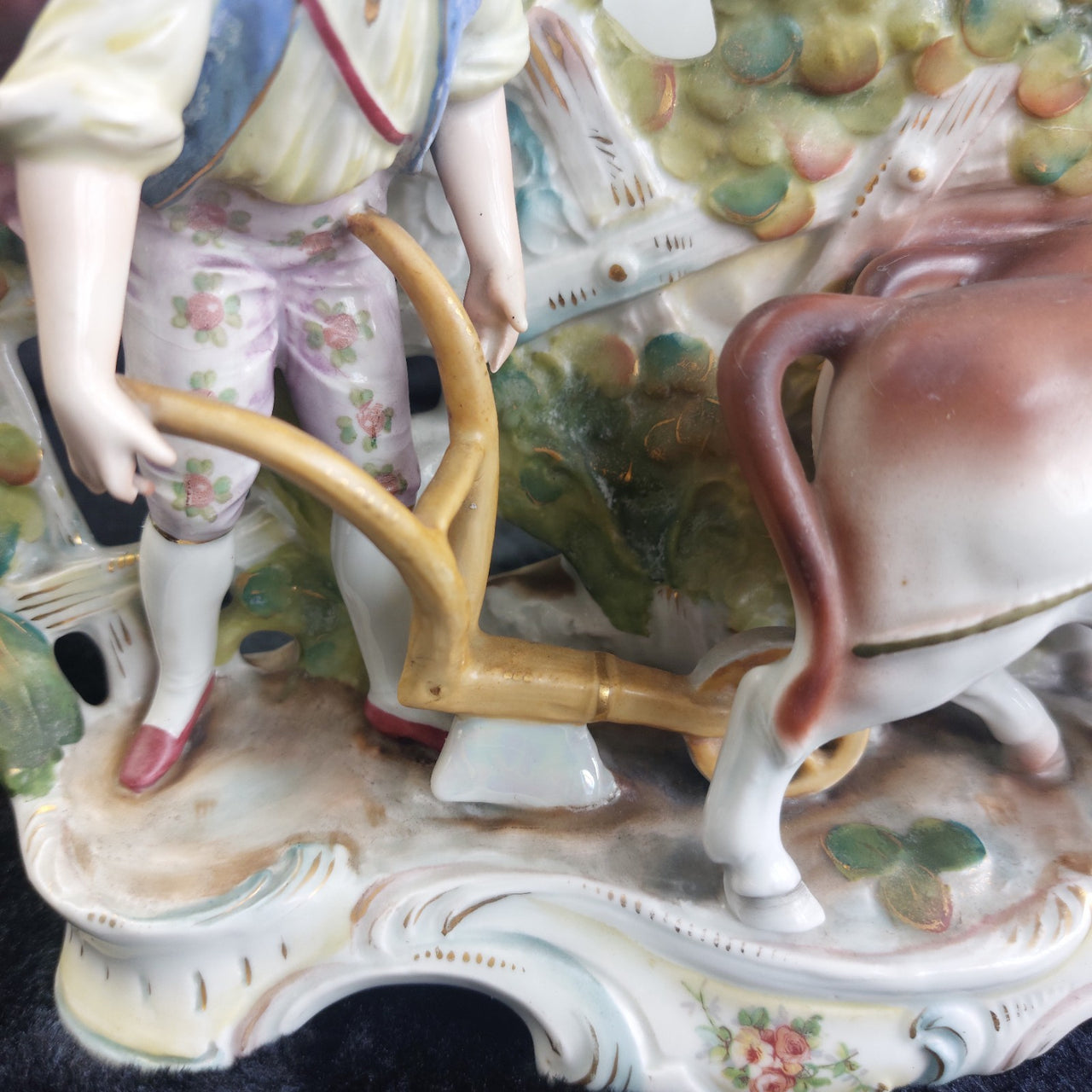 Rococo Antique Dresden Style Figural Group Vase Man Ploughing Oxen Hand Painted4