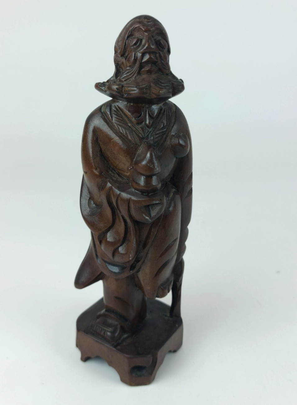 Antique Style Chinese Qing Dynasty Nanmu Wood Carved Figure  Robed Staff 6".3