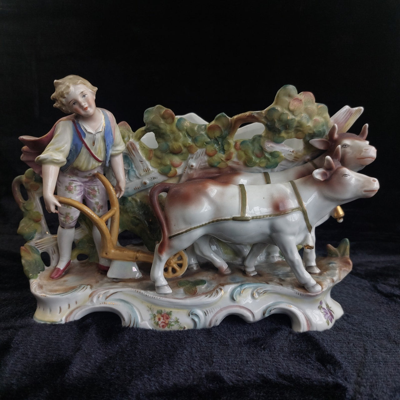 Rococo Antique Dresden Style Figural Group Vase Man Ploughing Oxen Hand Painted0