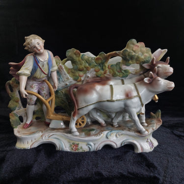 Rococo Antique Dresden Style Figural Group Vase Man Ploughing Oxen Hand Painted0