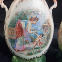 Thumbnail for Victoria Austria Porcelain Vase Pair Handled Romantic Scene Antique Decor. 9in5