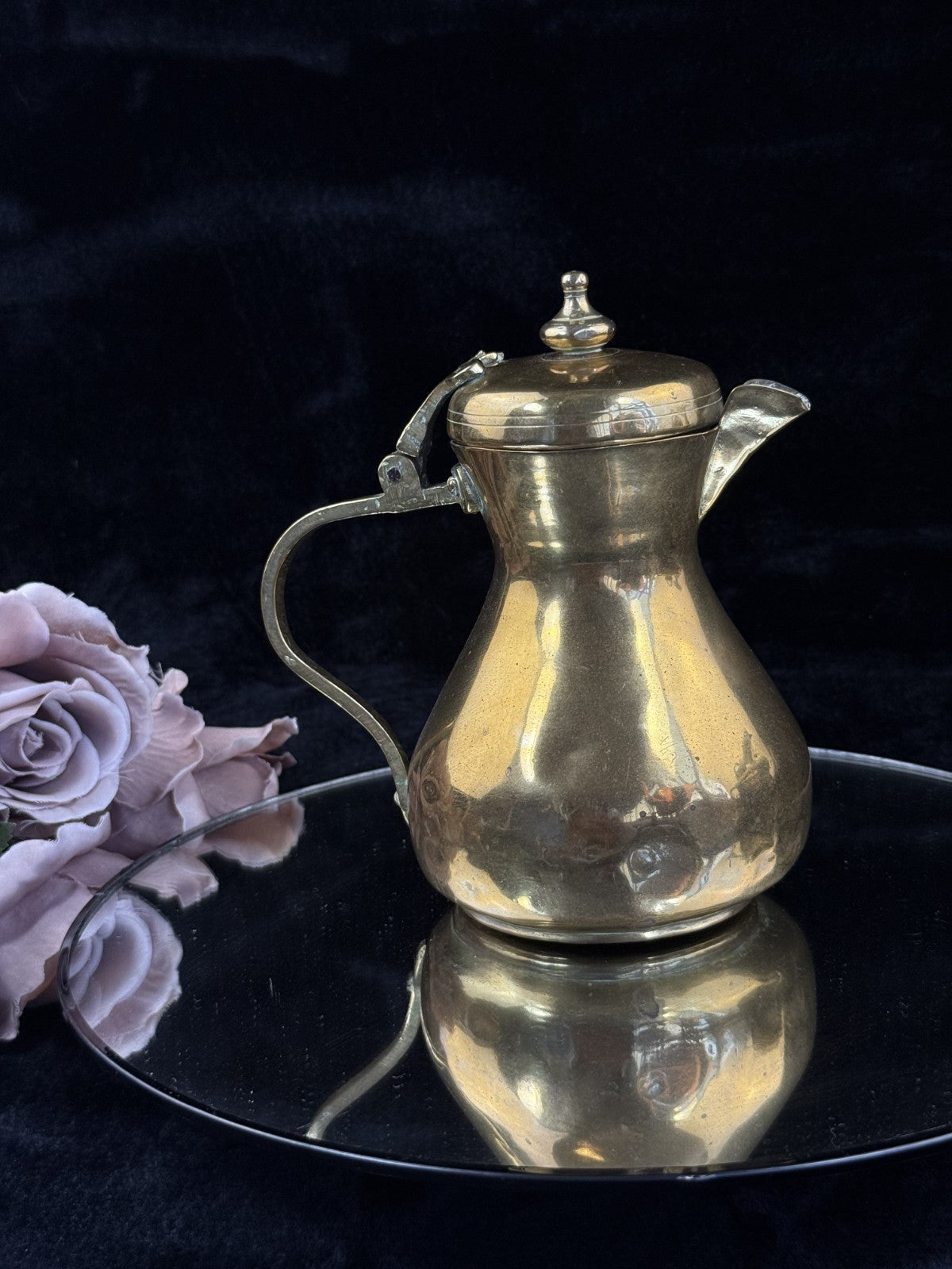 Brass Antique Tankard or Pouring Vessel w Hinged Lid gold brass victorin pitcher5