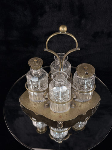 Antique Brass & Cut Glass Cruet Set Four Bottle Table Castor Stand Marked EPNS.1