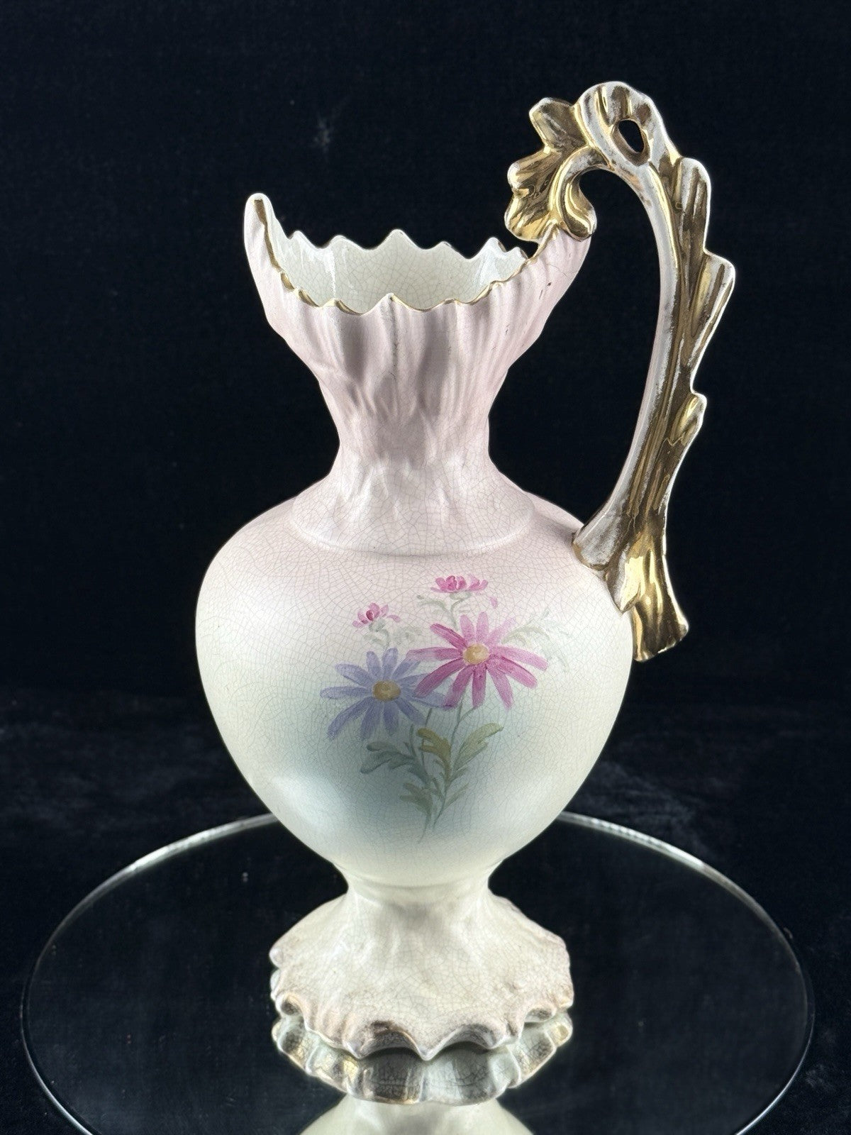 Victorian Style Floral Pitcher Vase Pink Gold Handle Bird Flowers 13" Ceramic7