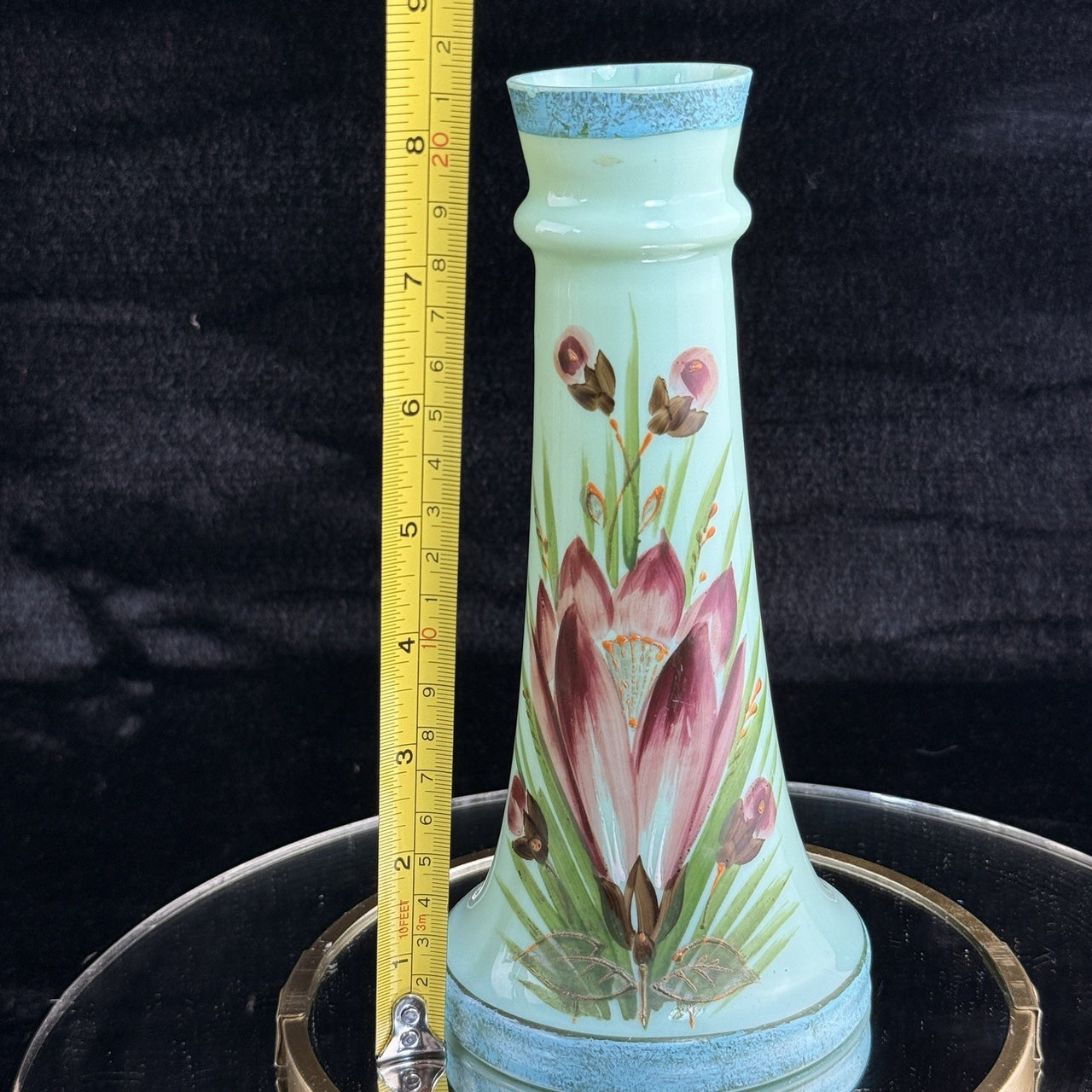 Antique Milk Glass vase Art Glass Vase Turquoise Floral Tall 10” Enameled decor10