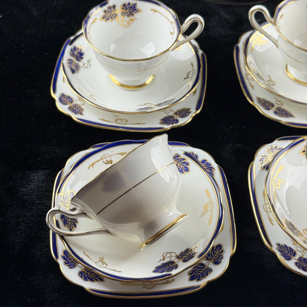 Rare Royal Albert Crown China Blue Gold Leaf Tea Set Trio x2 & Jug England 1930s17