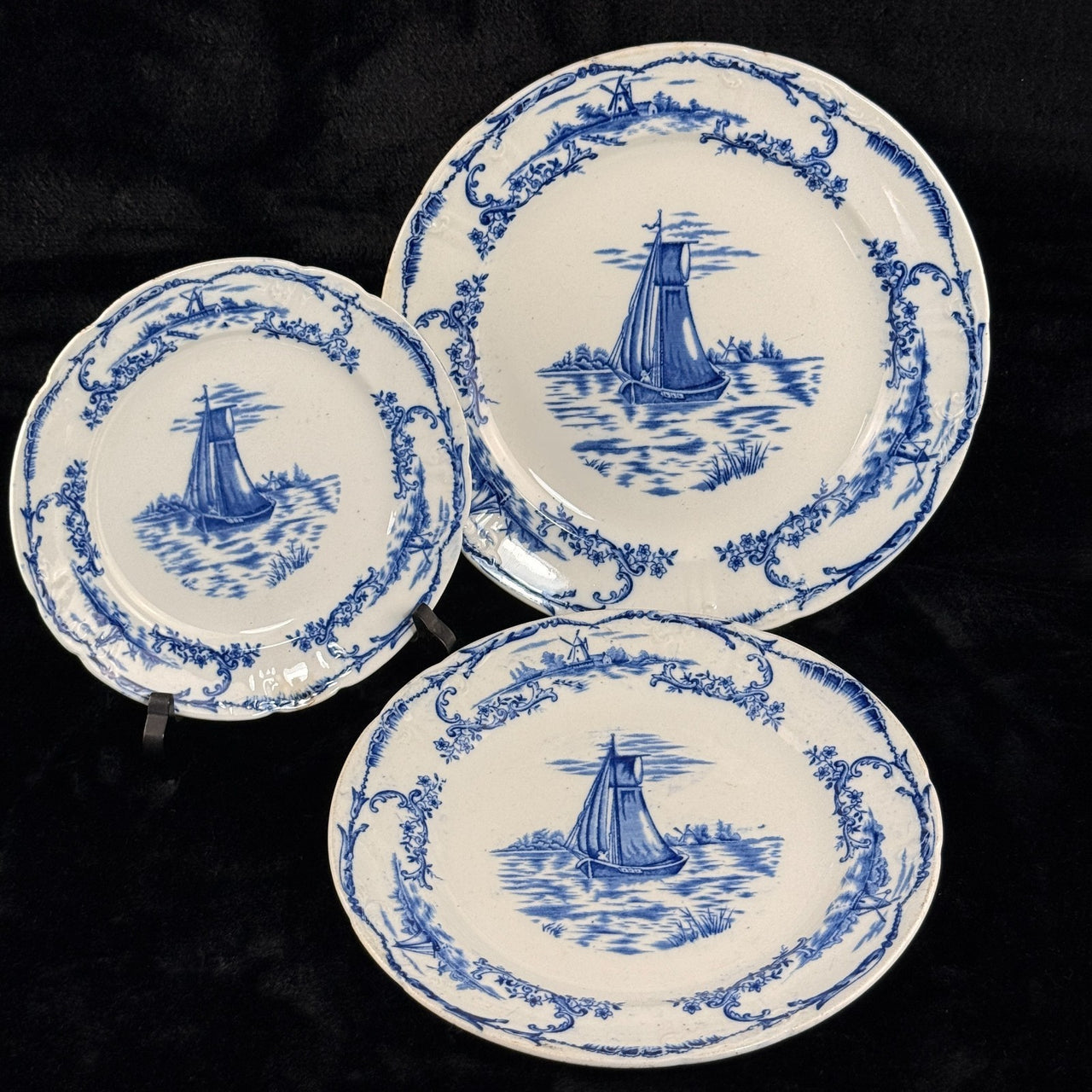 ANTIQUE Blue&White Delph Transferware Plates x3 1896 Sailboat Windmill Scene Set13