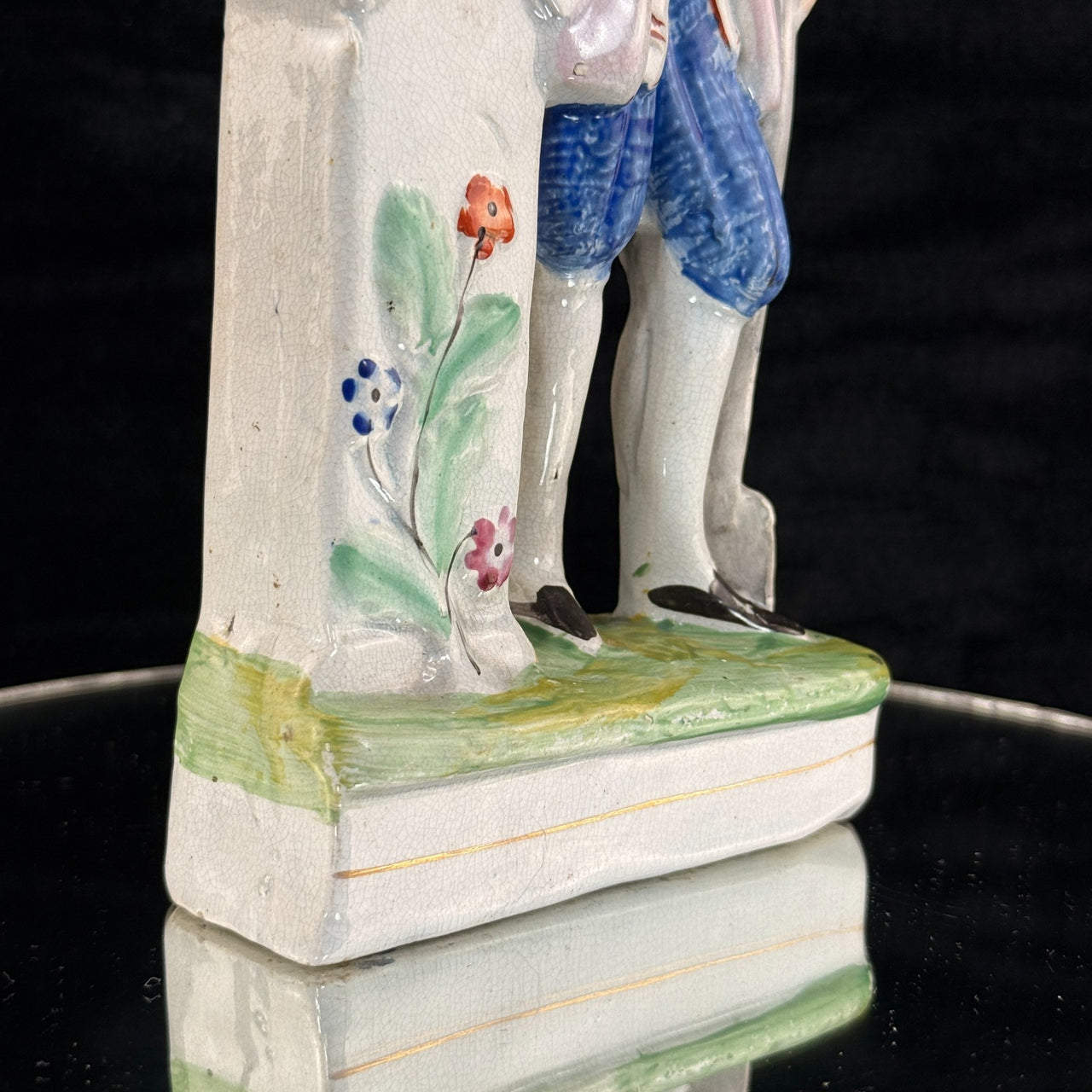 1800s antique Staffordshire Figurine Man Pink Jacket Floral Column repaired8