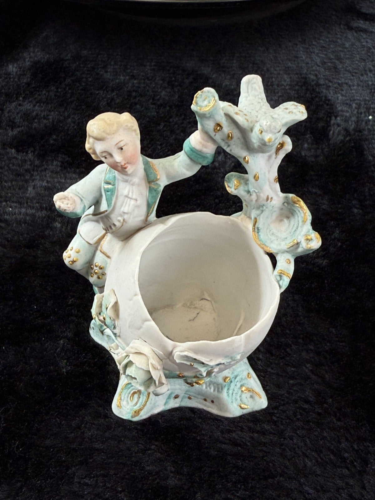 Antique 19th century German Porcelain Figurine Planter/Vase: Boy with Bird Gilt6