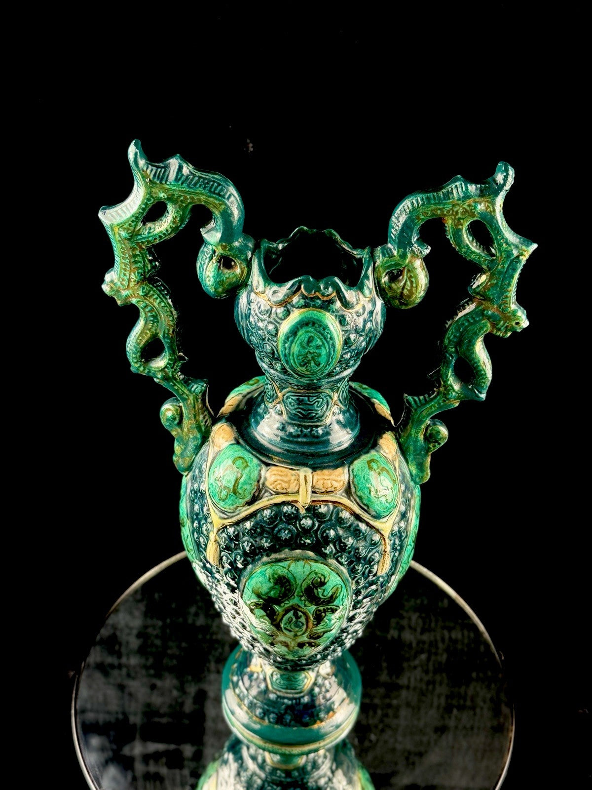 Romano Majolica Style Ornate Green Vase Glazed Ceramic 15” Antique Vase8