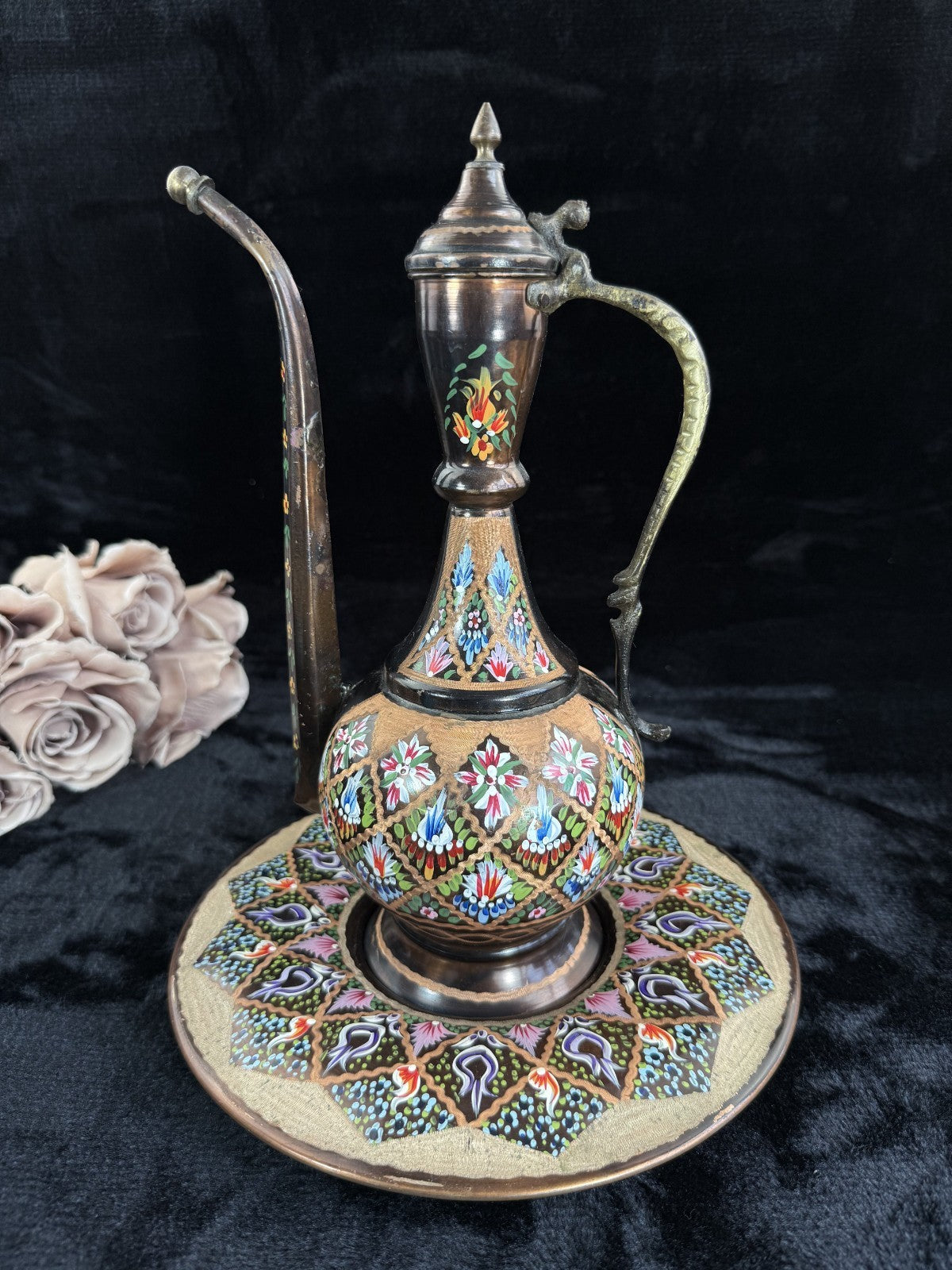 One-of-a-Kind Hand-Painted Large Copper Pitcher & Tray/plate Set see the pics.11