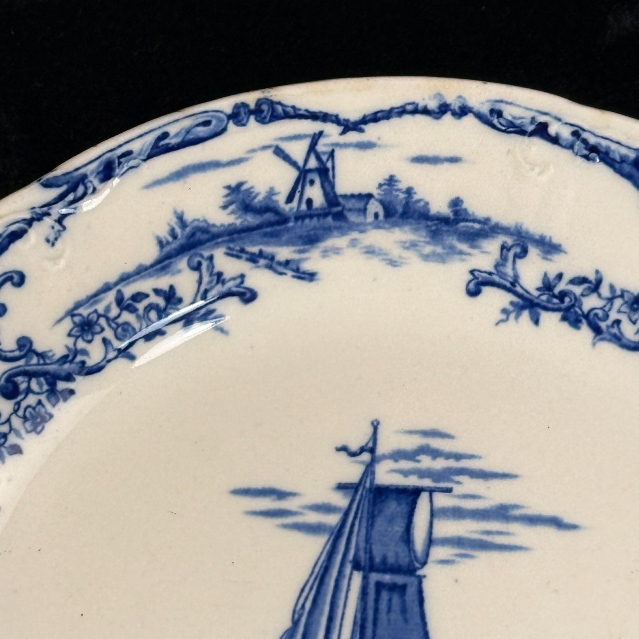 ANTIQUE Blue&White Delph Transferware Plates x3 1896 Sailboat Windmill Scene Set7