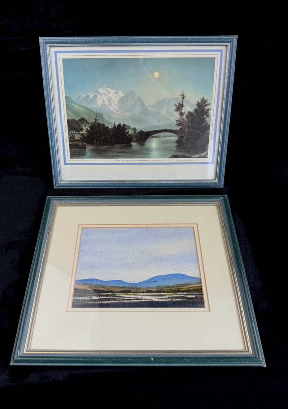 A Pair of Vintage Landscape Prints Coastal & Swiss Alps Marshlands blue green0