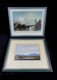 Thumbnail for A Pair of Vintage Landscape Prints Coastal & Swiss Alps Marshlands blue green0