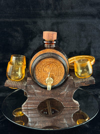 Thumbnail for Vintage Amber Glass Barrel Decanter Set with Tap 3 Glasses Tray & Wood Stand3