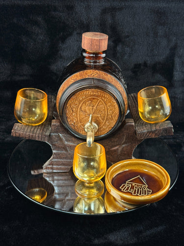 Vintage Amber Glass Barrel Decanter Set w/ Tap, 3 Glasses, Tray, Wood Stand 1.6k1