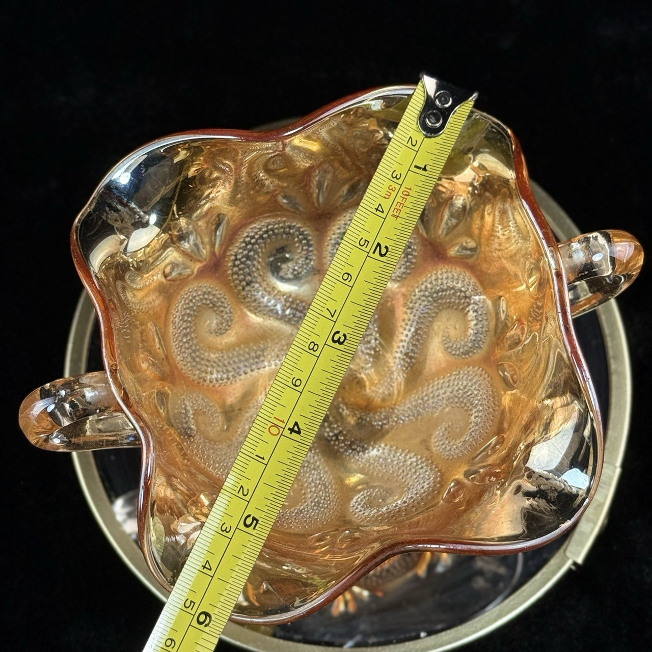 Vintage Marigold Carnival Glass Bonbon Dish Pedestal Bowl Swirl 3.5” Pattern7