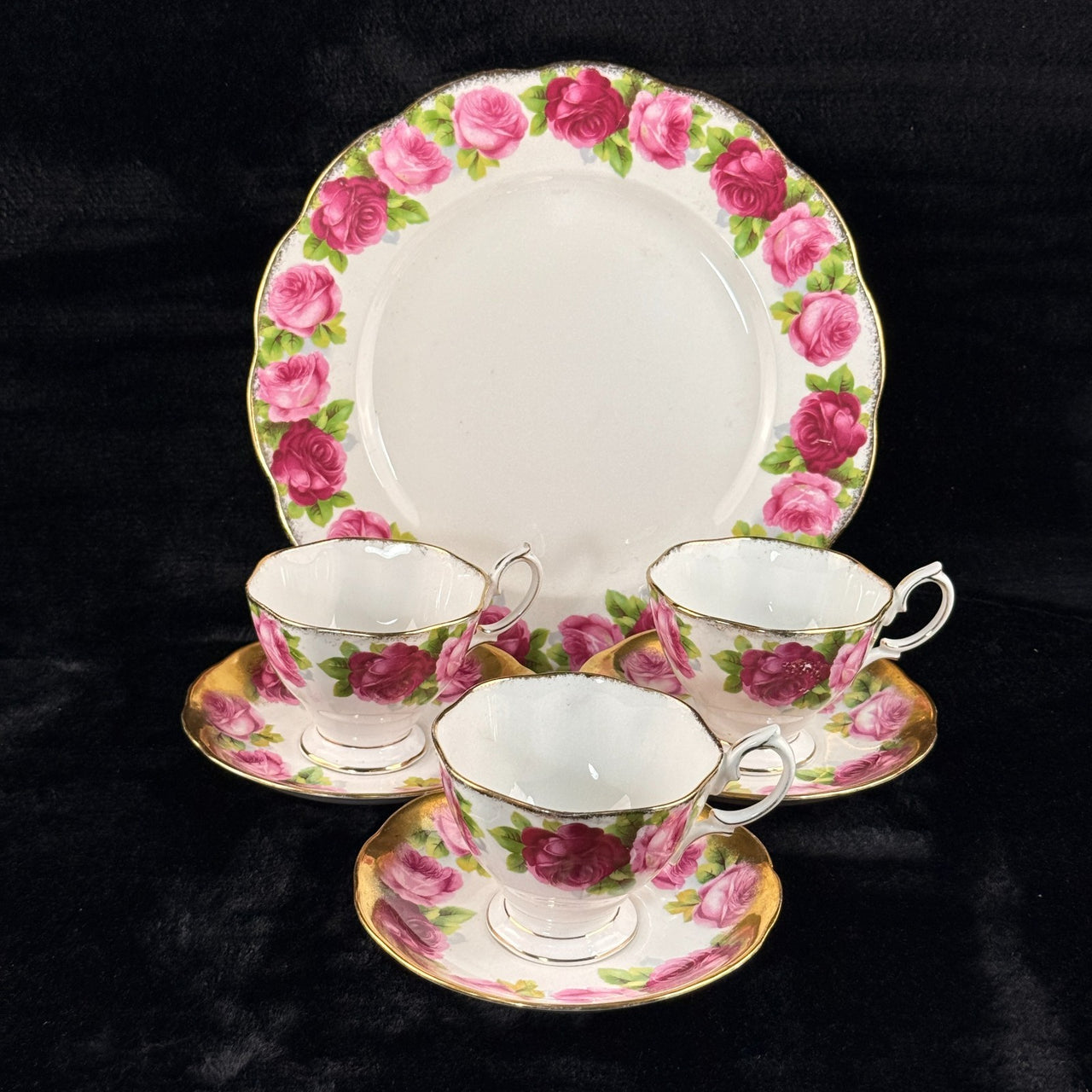 Royal Albert Pink Rose tea set of 3 &serving plate England stunning 7p tea set 18